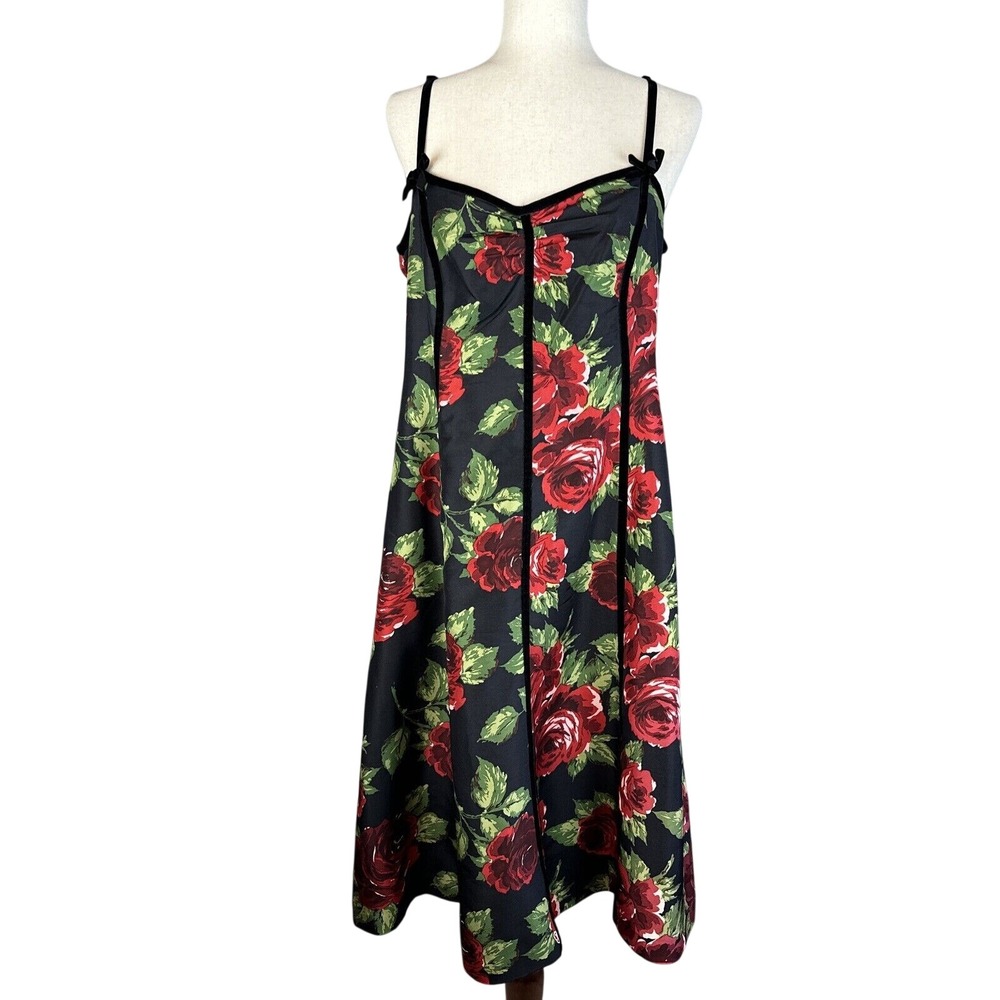 L.K. Bennett A-Line Panel Dress Size 12 Black Floral Rose 100% Silk Velvet Trim